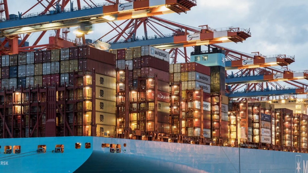 Container ship and gantry cranes at a cargo terminal