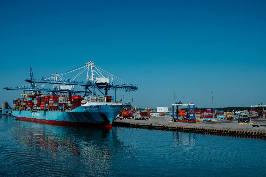 Container ship and gantry cranes at a cargo terminal