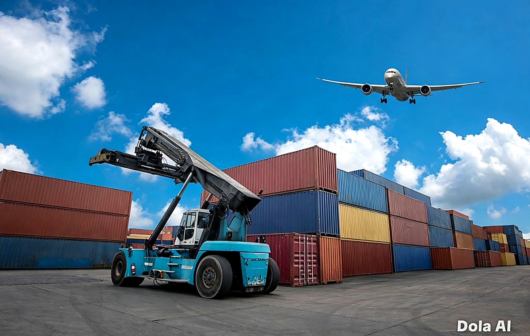 Reach stacker handling containers in a cargo yard